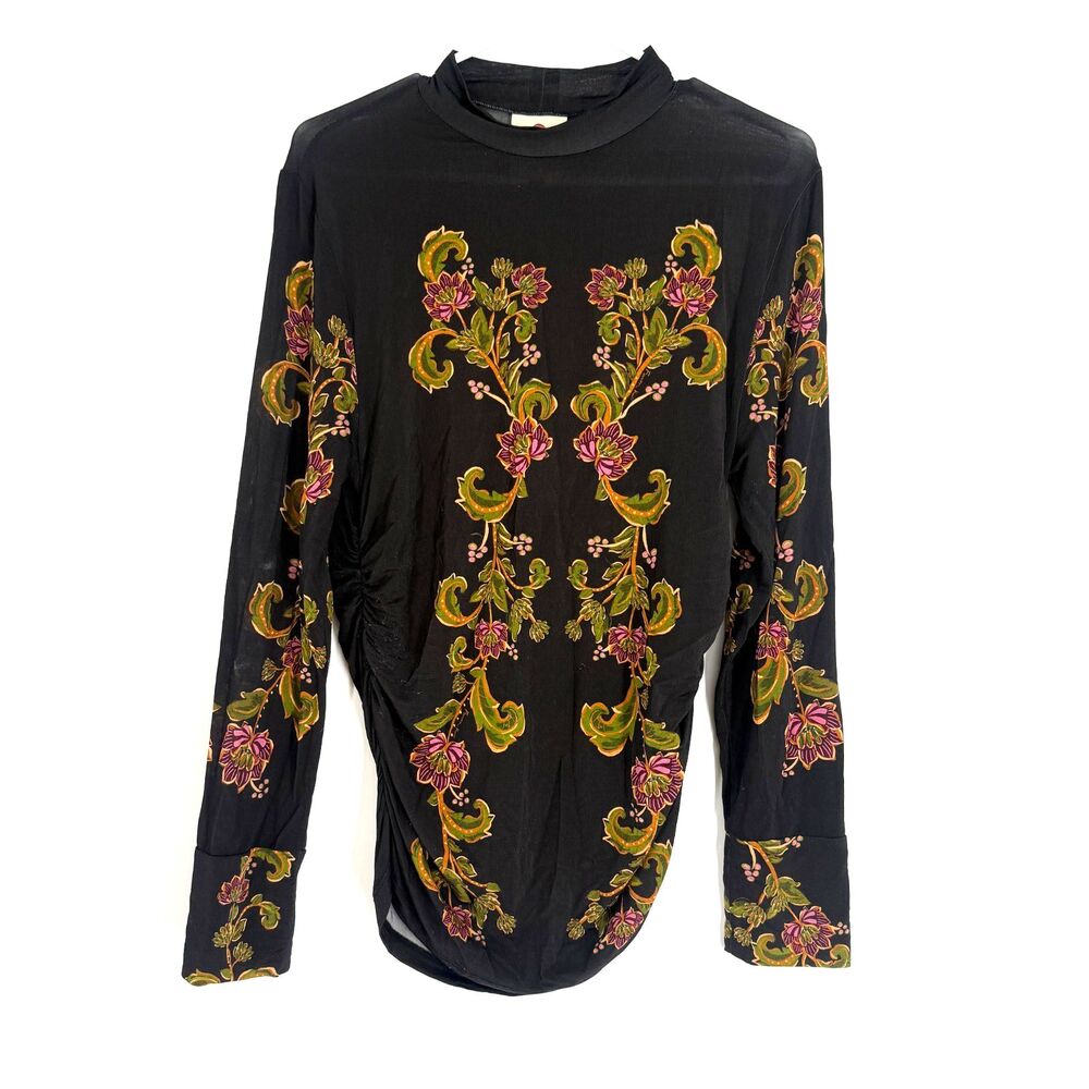 Farm Rio Blouse Ravenela Top Womens Black Floral Stretch Paisley Classic L FLAW